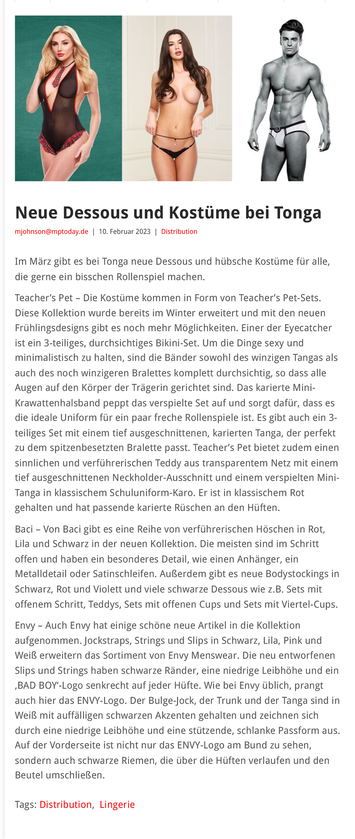 2023-02 eLine Online - Neue Dessous und Kostüme bei Tonga